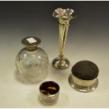 A silver pin cushion , Birmingham 1900; a silver bud vase, Sheffield 1909; a glass rouge pot ,