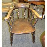 A Victorian Smokers Bow chair, turned supports, H stretcher, c.