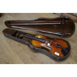 A late 19th century Stradivarius copy violin, two piece back, indistinct label, grand concert model,