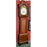 A George III oak and mahogany longcase clock, painted arched dial, Arabic numerals,