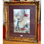 R J Collins (20th century) Hoisting the Red signed, dated 1980 watercolour,