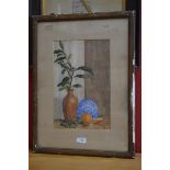 F E Lowe (early 20th century English school) A still life arrangement, Pottery, fruit and leaves,