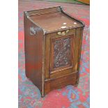 An Edwardian mahogany purdonium, three quarter galleried top, carved fall front, metal liner,