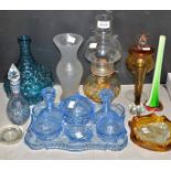 Glassware - an Art Deco blue glass seven piece dressing table set; an oil lamp; a vase; etc.