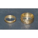 A 9ct gold engraved wedding band, size T; another smaller M, 6.