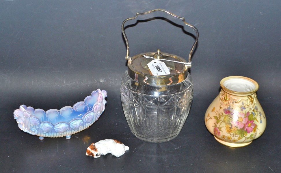 A Royal Worcester Blush Ivory vase; a Victorian pink Vaseline glass boat shaped vase;