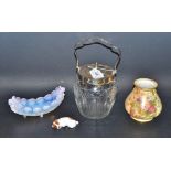 A Royal Worcester Blush Ivory vase; a Victorian pink Vaseline glass boat shaped vase;