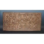 Tribal Art - a West African carved hardwood rectangular panel, of villagers preparing the harvest,