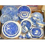 Ceramics - A Spode Tower blue teapot with stand; a sauce tureen on stand; plates; cups and saucers;