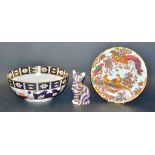 A Royal Crown Derby seated cat paperweight, silver stopper; a 2451 Imari fruit bowl, 1st,