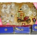 Glassware - a set of twelve Derwent crystal Christmas glasses; a novelty decanter as a vintage car;