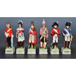 A set of six novelty decanters, hand painted, modelled as military figures in uniform,