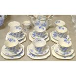 A Colclough Art Deco viola pattern tea service for six, comprising teapot, sugar bowl, creamer,