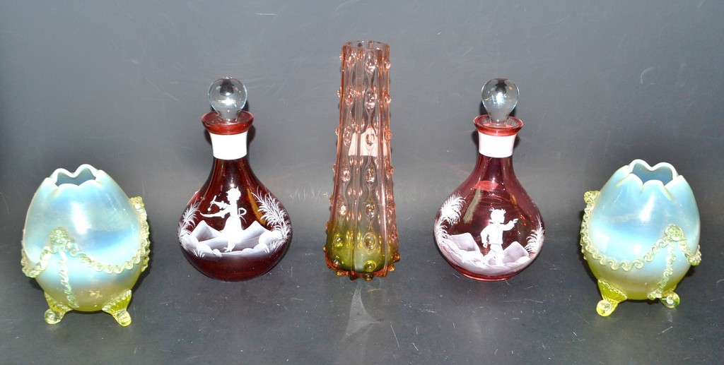 A pair of Victorian vaseline glass eggs,