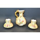 A Royal Worcester blush ivory ewer, branch handle, decorated with flowers ,