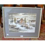 Joan Dowsett (20th century) Snowy Farm & River, signed, watercolour,