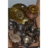 Plated and metal ware - A copper oil lamp; plated tea ware; a cast metal iron;