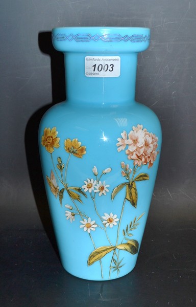 A Victorian hand enamelled glass opaque vase,