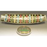 A Denby pottery Glynn Colledge elongated dish, geometrically coloured on a mottled grey ground,