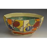 A Clarice Cliff Fantasque Pebbles pattern octagonal bowl, brightly decorated with coloured stone,