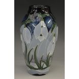 A contemporary Moorcroft miniature Snowdrops In Frost pattern slender ovoid vase,