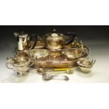 An Elkington & Co silver plated three-piece tea set; a Viner's silver plated oval gallery tray;