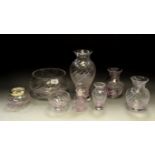 Caithness Glass - a pink inverted baluster vase; a pair of globular vases; fruit bowl;