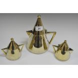 A three piece gilded conical chrome tea service, tall pointed covers, ball finials,