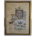 A Persian painting on silk, household scene, framed.