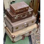 Vintage luggage - a canvas covered suitcase with broad arrow stamp; a 1950's suitcase;