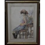 *** Campbell Tessa leaning on elbow pen and watercolour, signed and framed.