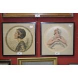 A pair of French Art Nouveau circular silk pictures of young ladies