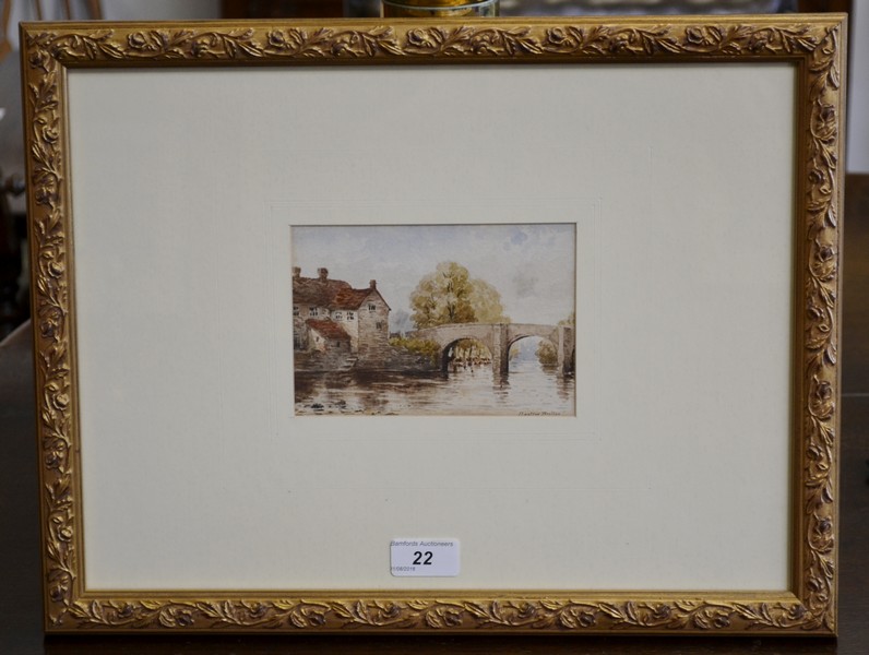 English School (early 20th century) Baslow Bridge watercolour, 16cm x 11cm, framed.