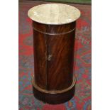 A Victorian mahogany cylindrical pot cupboard, circular grey marble top, panel door, drum handle,