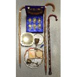 A crook handled walking cane, covered in badges; others; a quantity of EPNS including salvers, etc.