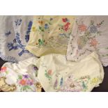 Textiles - Hand embroidered linen tablecloths, Willow Tree, crinoline lady,