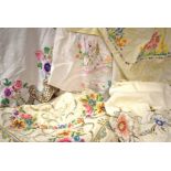 Textiles - Hand embroidered linen tablecloths, crinoline lady,