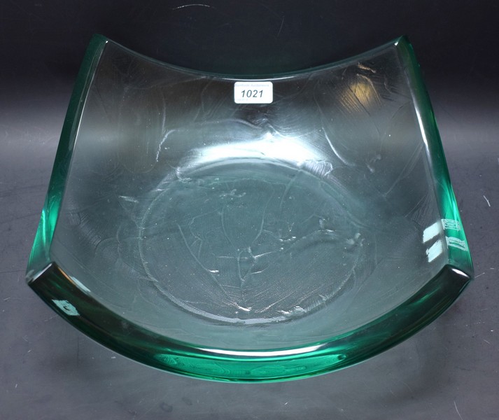 A substantial square studio glass bowl, moulded with layered textured petal motifs, 35cm wide,