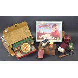 Toys - a Simplex typewriter, boxed; playing cards; cribbage board; etc.