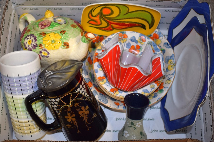 Ceramics and Glass - A Poole pottery abstract pattern dish; an Arthur Woods floral tea pot;