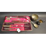 A Victorian antler hafted three-piece carving set, Walker & Hall blades, silver ferrules,