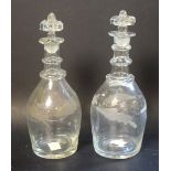 A near pair of Victorian etched liqueur decanters.