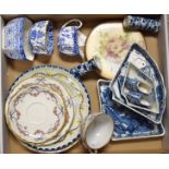 A Copeland milk jug and sugar bowl; two Delft china clogs; three segment shaped dishes;