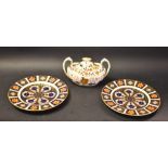 A pair of Royal Crown Derby 1128 Imari dessert plates, pink printed marks,