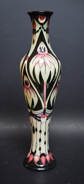 A contemporary Moorcroft Dibden Daisy pattern slender elongated baluster vase,