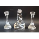 A pair of Baccarat clear glass slender elongated reeded candlesticks, outswept bases, 15cm,