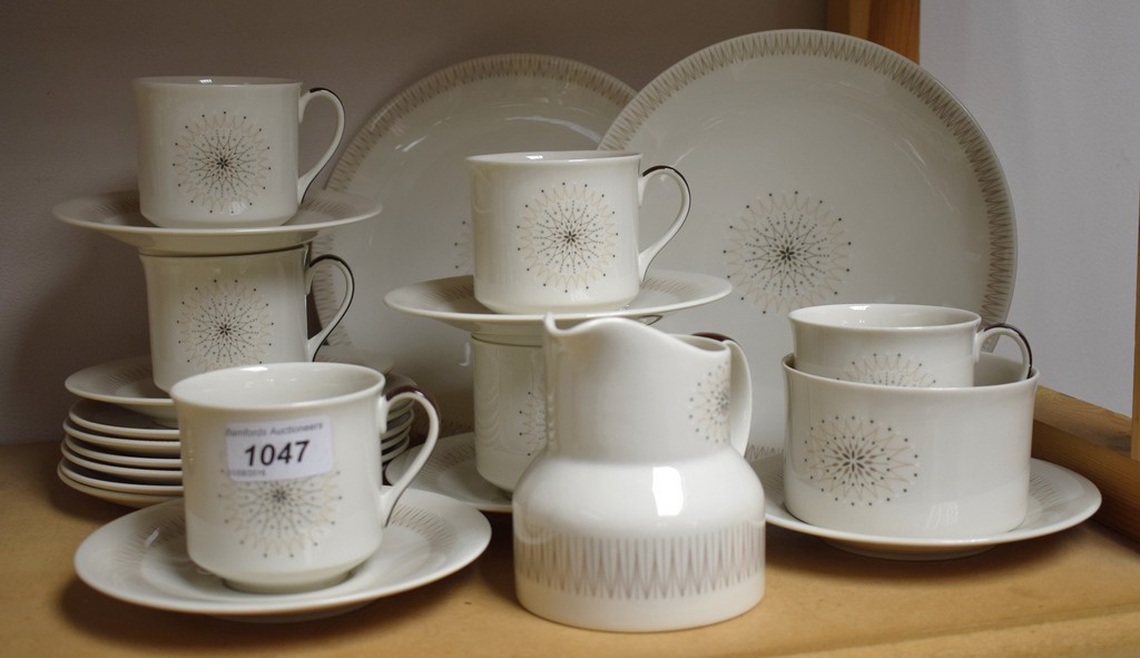 A Royal Doulton Morning star tea service for six, comprising a pair of cake plates, side plates,