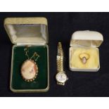 Jewellery - a 9ct gold framed cameo brooch, portrait maiden, London 1968; a cameo ring,