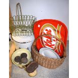 Kitchenalia - A pair of kitchen scales and weights; a large cylindrical enamel bread bin;