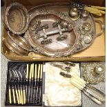 A box of silver plated items, two Sheffield plated coasters; etc.